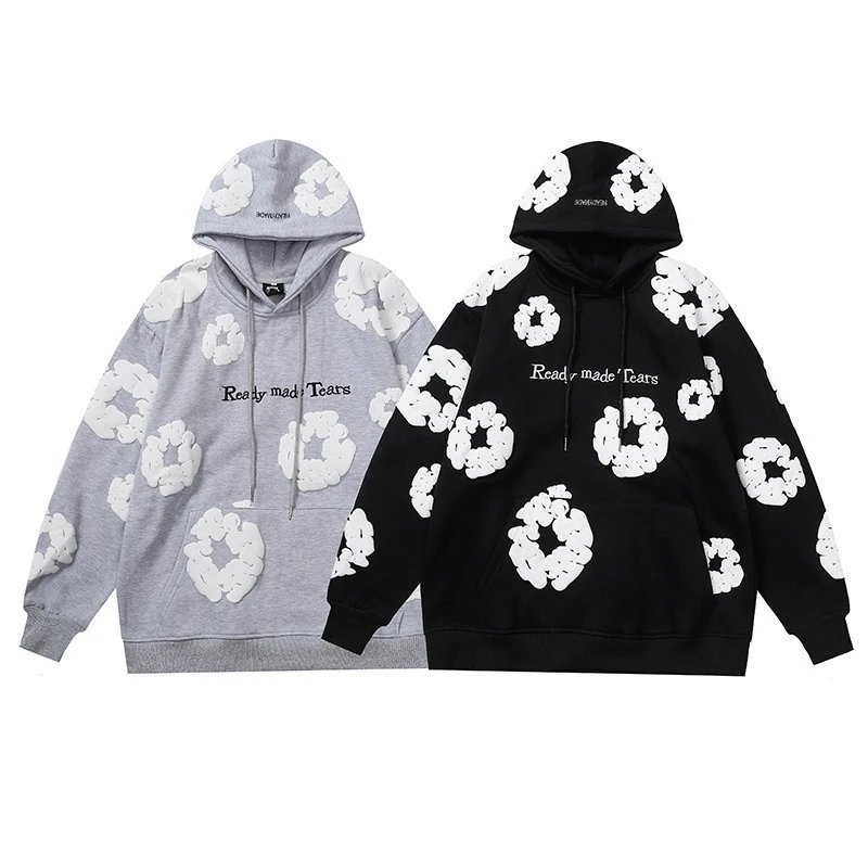 Readymade Tears Flower Print Oversized Hoodie Black and Gray
