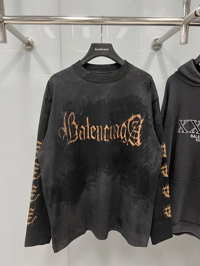 Balenciaga Gothic Print Oversized Long Sleeve Shirt Black