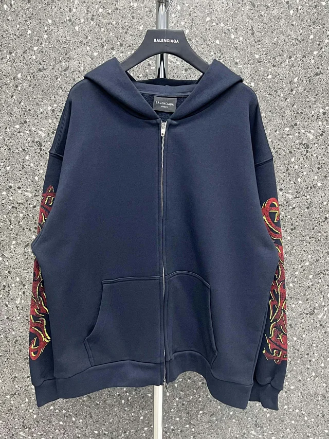 Balenciaga Tribal Print Oversized Zip-Up Hoodie Black