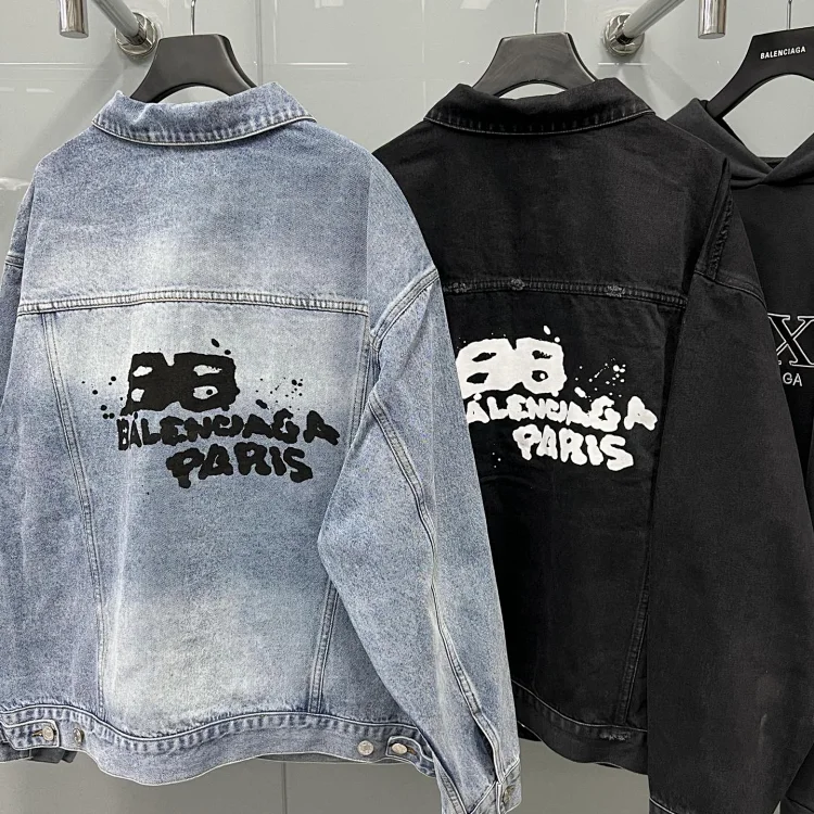Balenciaga Graffiti Print Oversized Denim Jacket Blue and Black