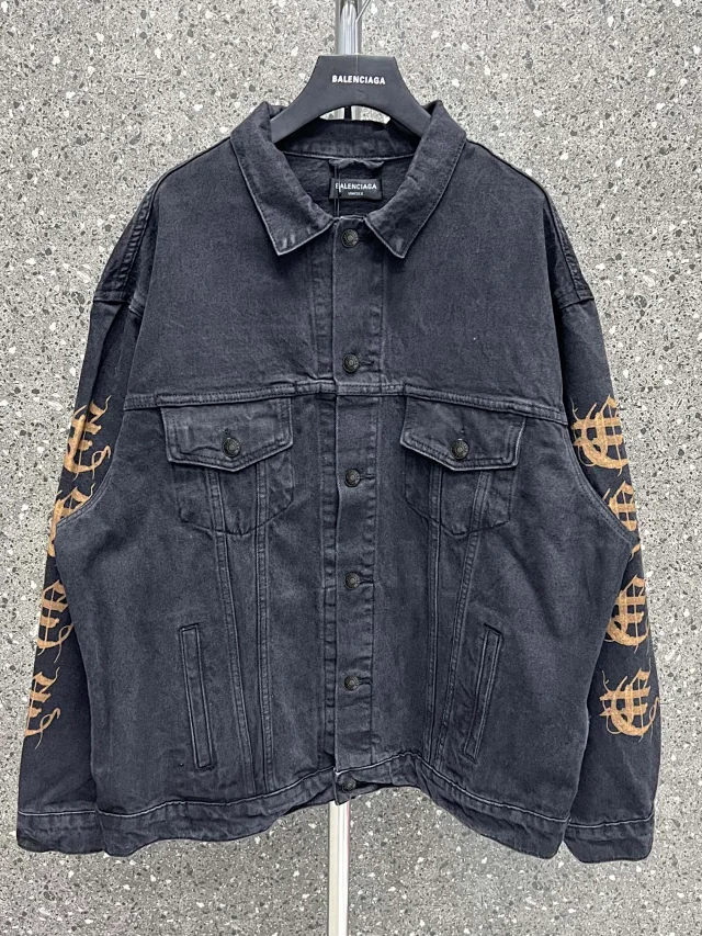 Balenciaga Graphic Print Oversized Denim Jacket Black