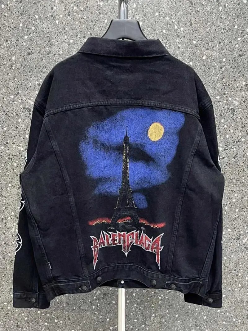 Balenciaga Eiffel Tower Graphic Denim Jacket Black