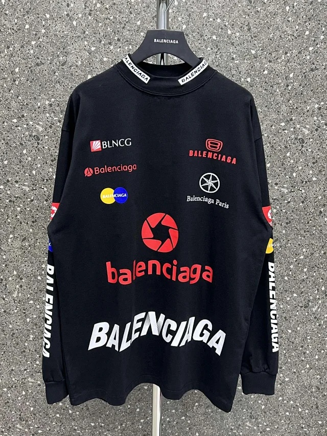 Balenciaga Multi-Logo Print Graphic Long Sleeve Shirt Black