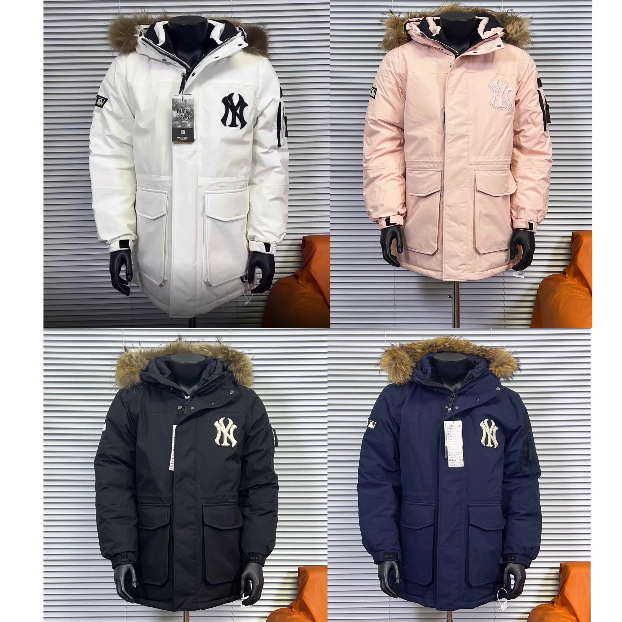 MLB New York Yankees Fur Hooded Puffer Jacket Multicolor