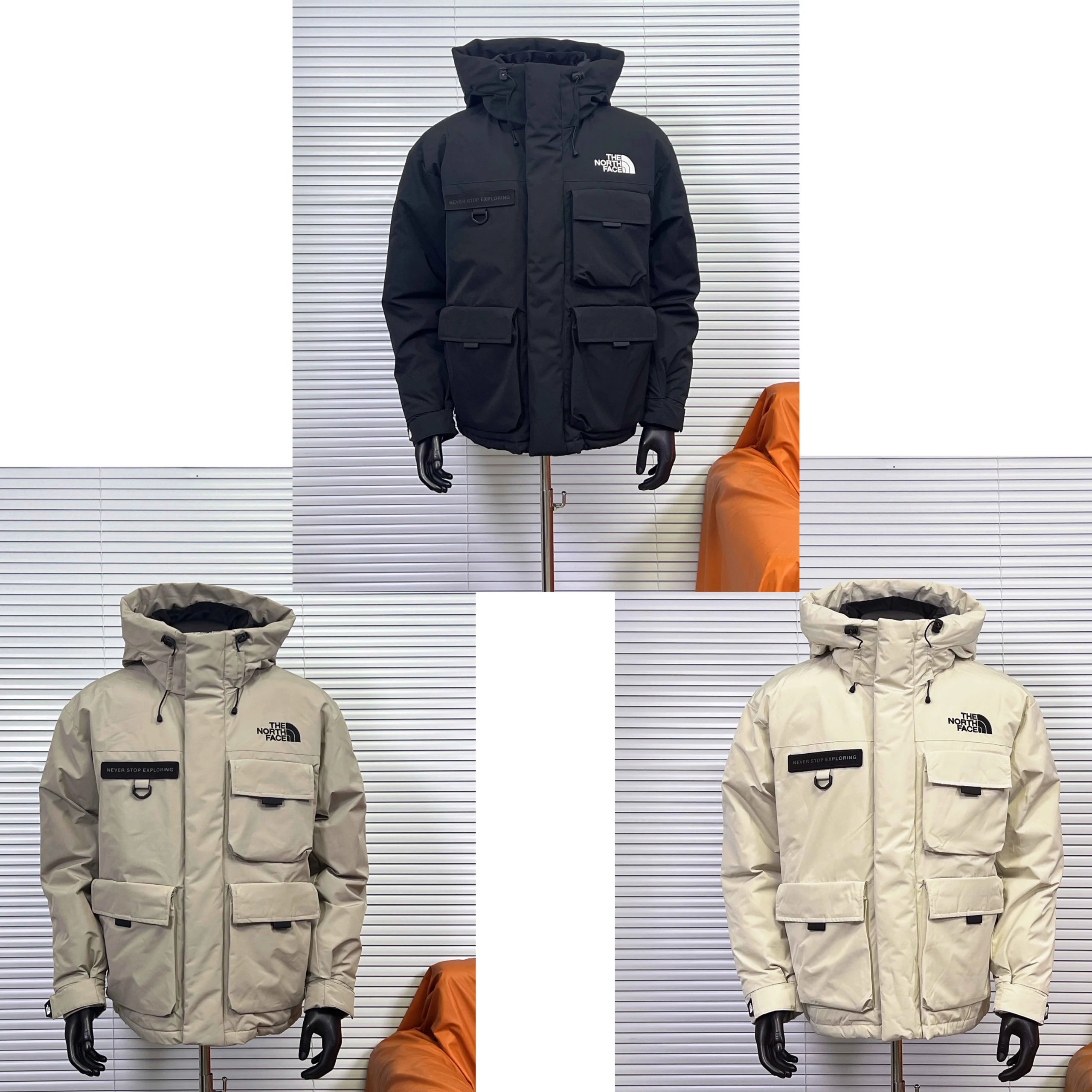 The North Face TNF Multi-Pocket Utility Puffer Jacket Black White and Beige