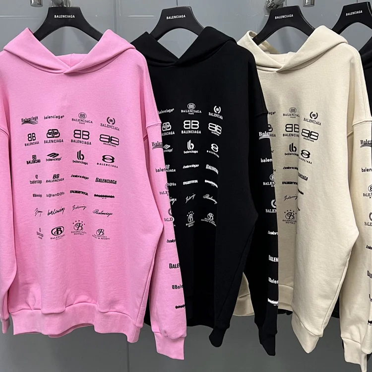 Balenciaga Multi-Logo Print Oversized Hoodie Pink Black and Beige