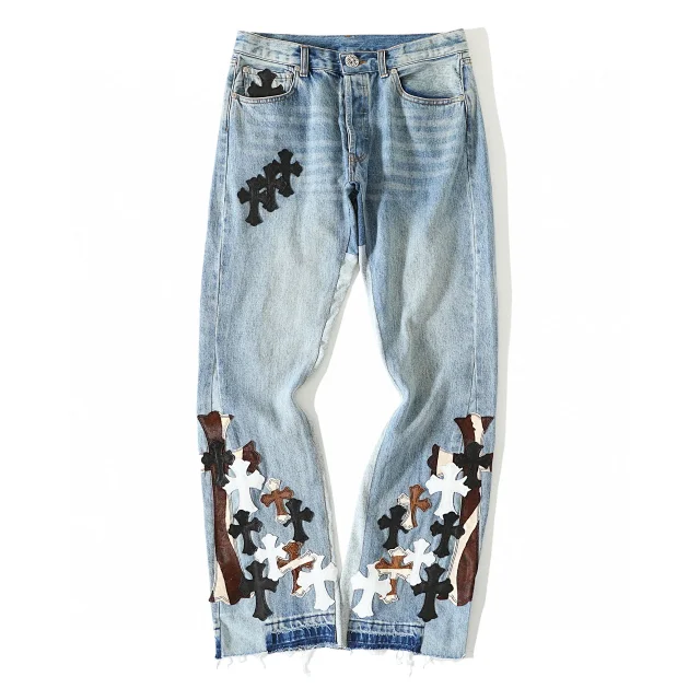 Chrome Hearts Cross Patch Denim Jeans Distressed Streetwear Pants Blue