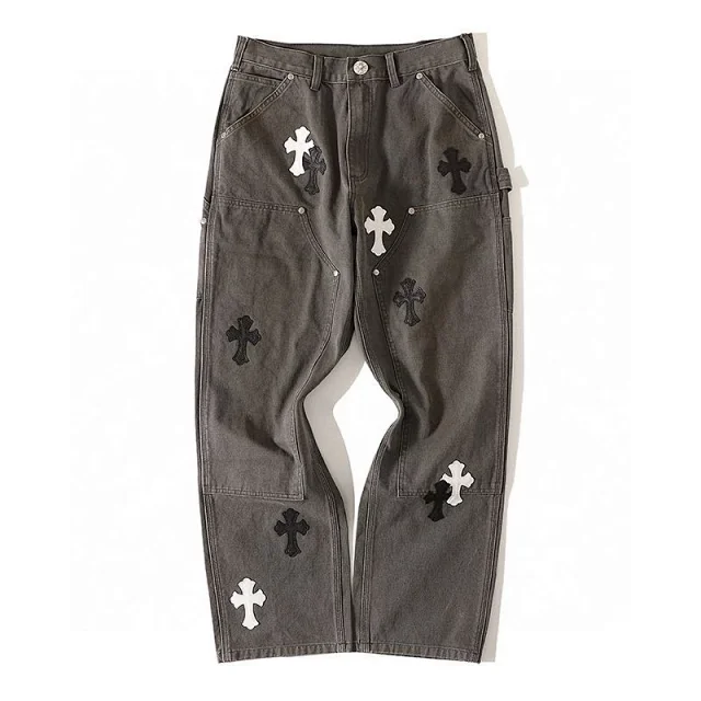 Chrome Hearts Cross Patch Carpenter Pants Streetwear Trousers Gray