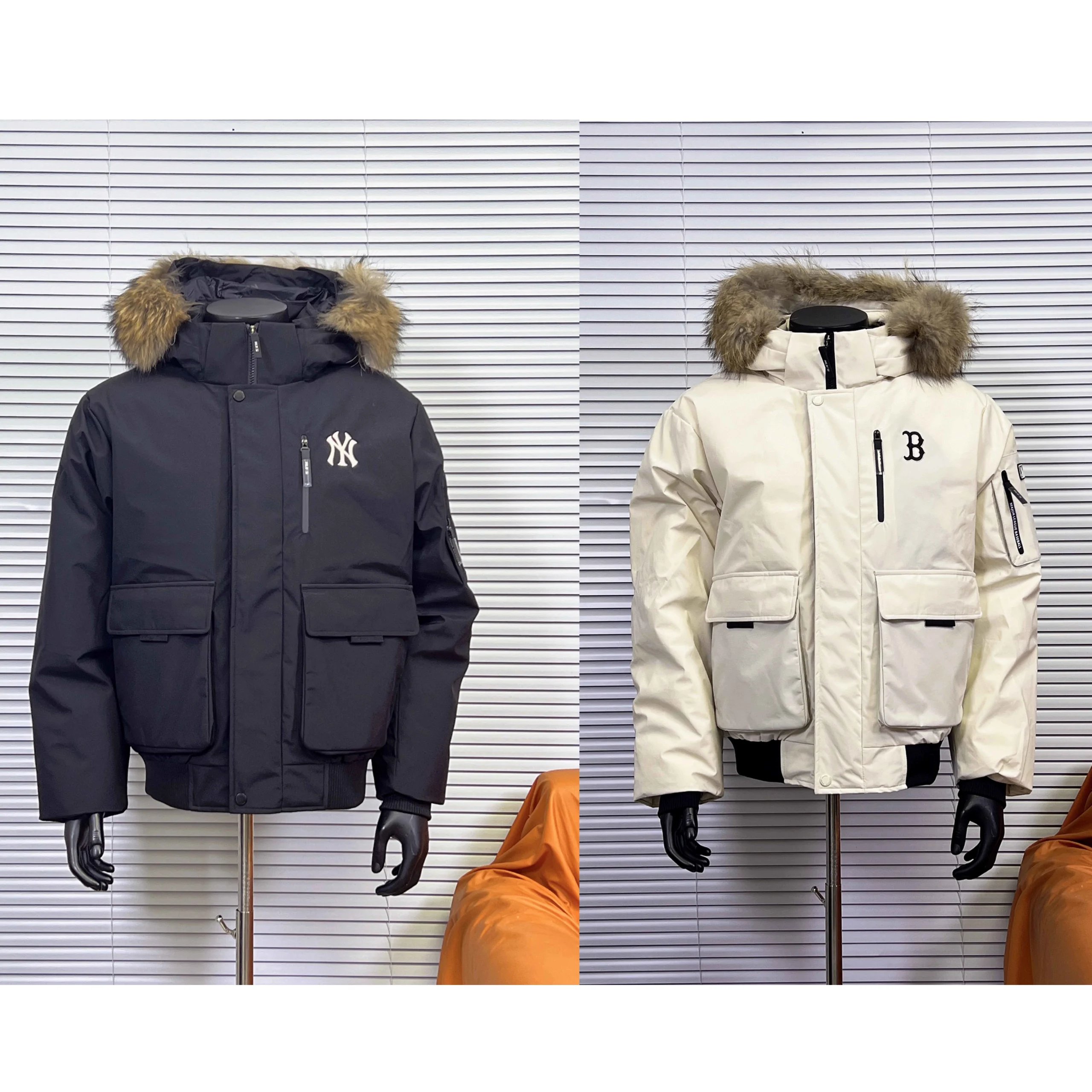 MLB Fur Hooded Puffer Jacket Warm Winter Down Jacket Black and White