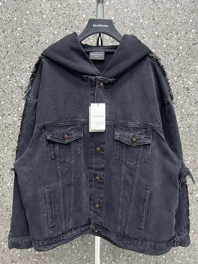 Balenciaga Distressed Denim Hoodie Jacket Oversized Black