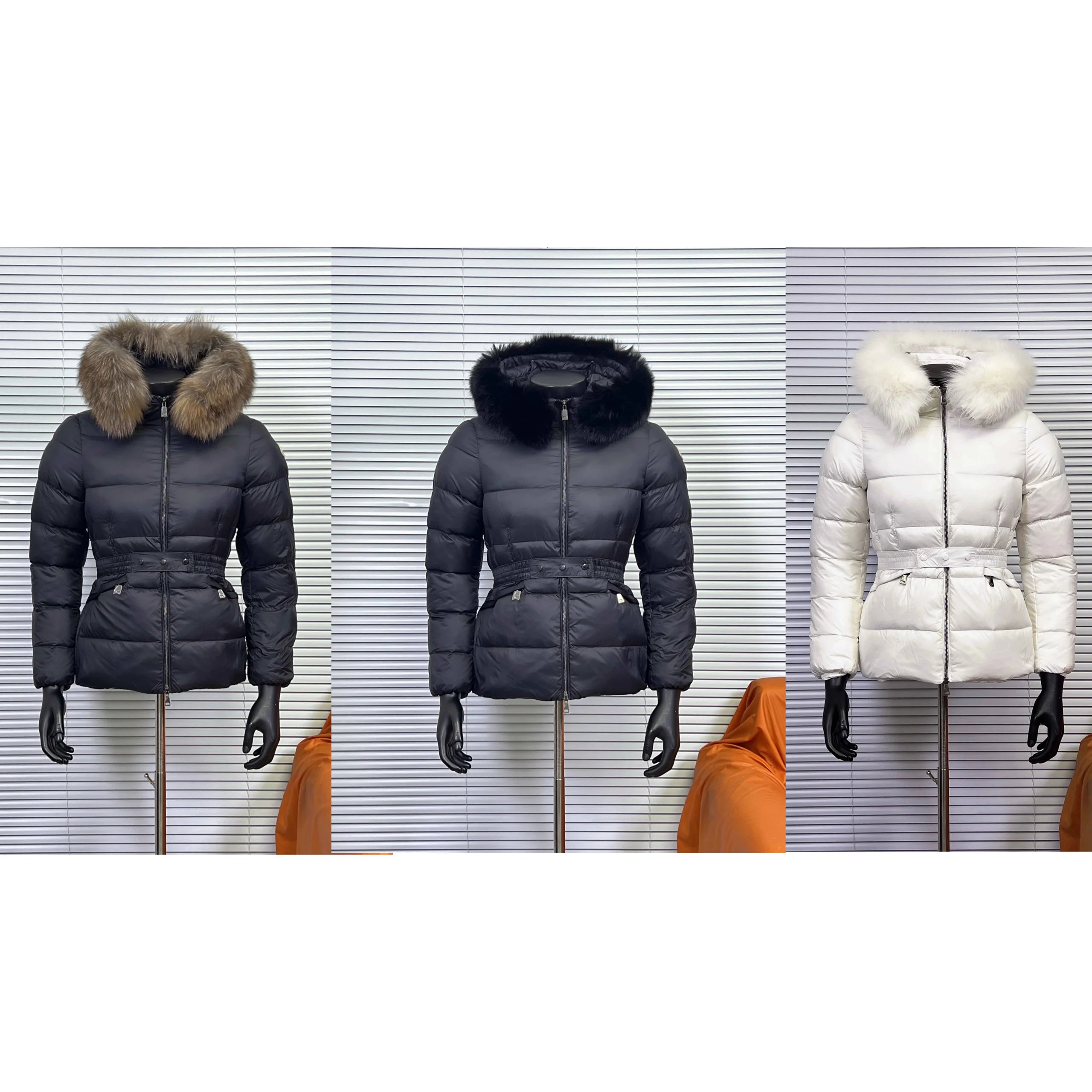 Moncler Fur-Trimmed Puffer Jacket Belted Down Jacket Black White