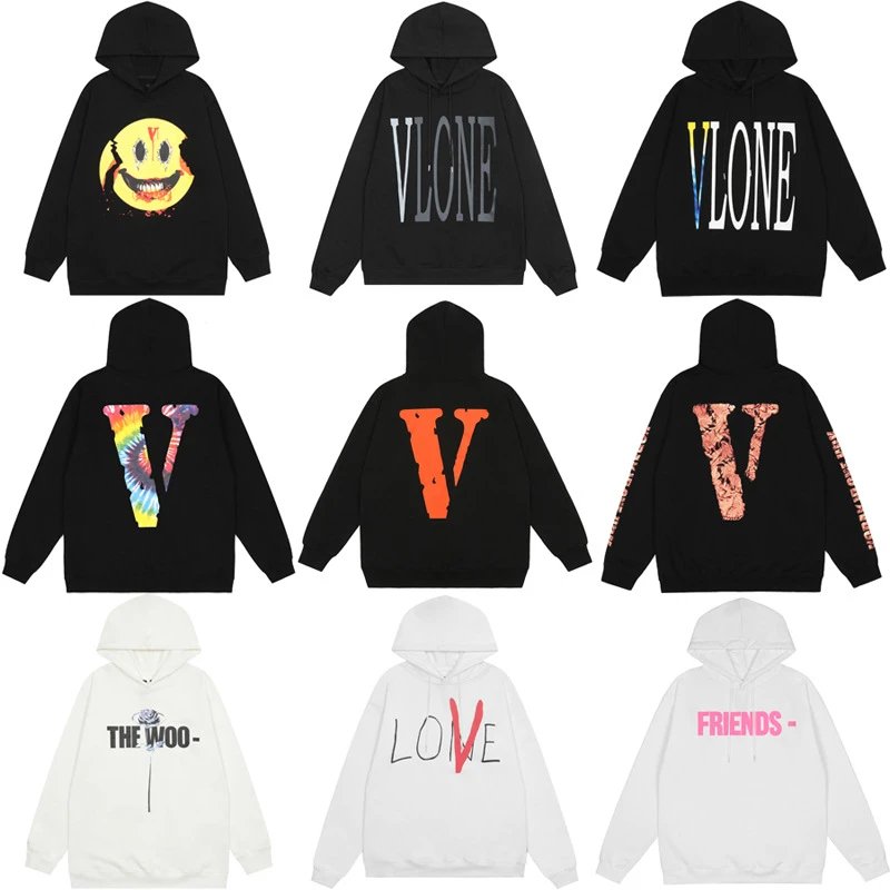 Vlone Graphic Print Streetwear Hoodie Black and White
