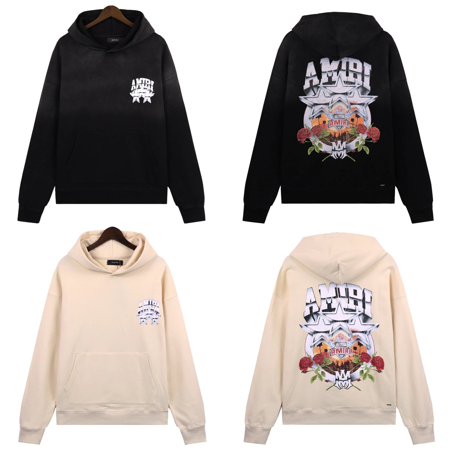 Amiri Hollywood Star Rose Graphic Streetwear Hoodie Black and Beige