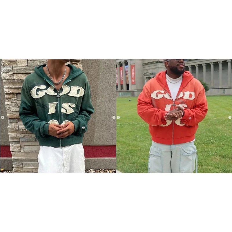 Design God Is Graphic Zip-Up Hoodie Streetwear Sweatshirt Green and Orange