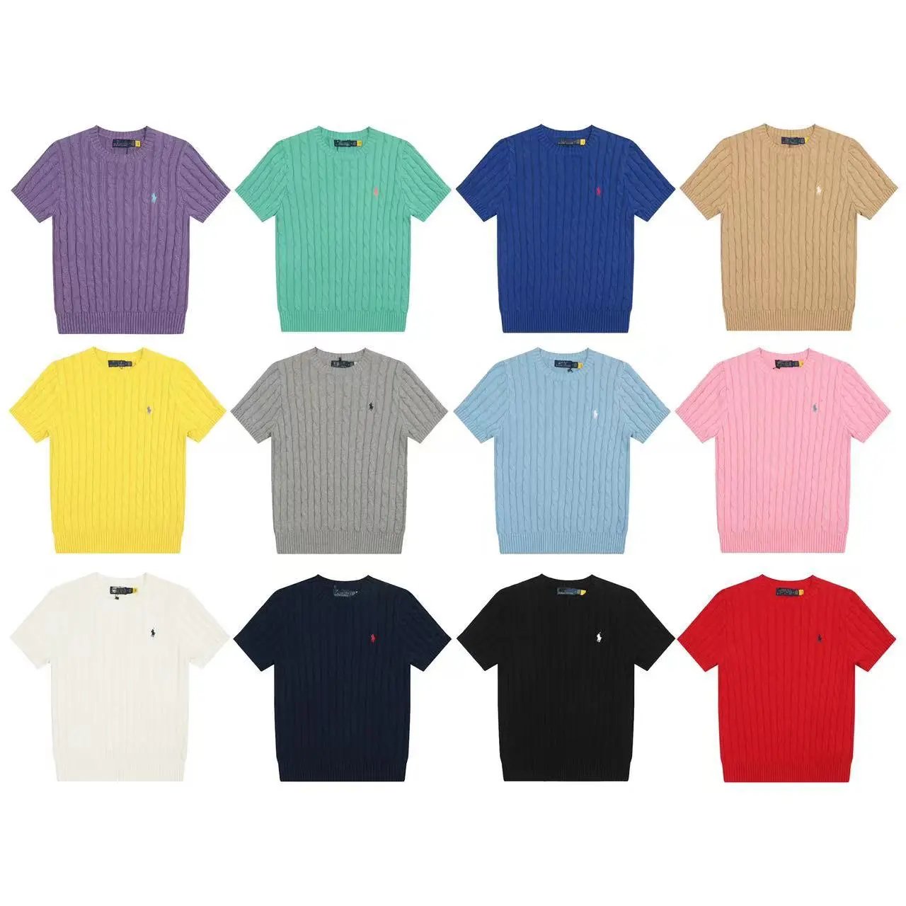 Ralph Lauren Cable-Knit Short Sleeve Sweater Cotton Knit Multicolor