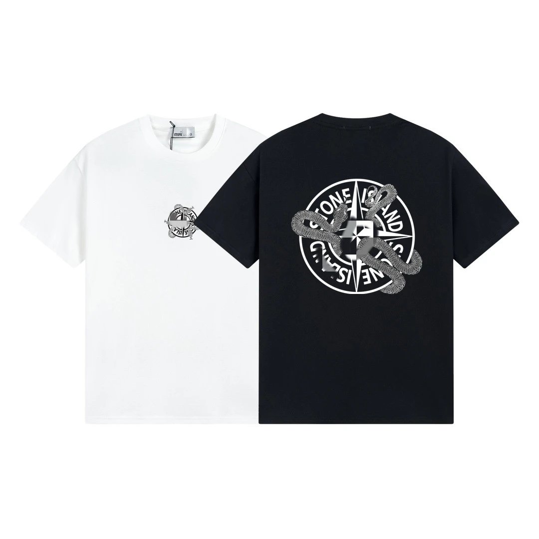 Stone Island Compass Snake Graphic Cotton T-Shirt Black and White