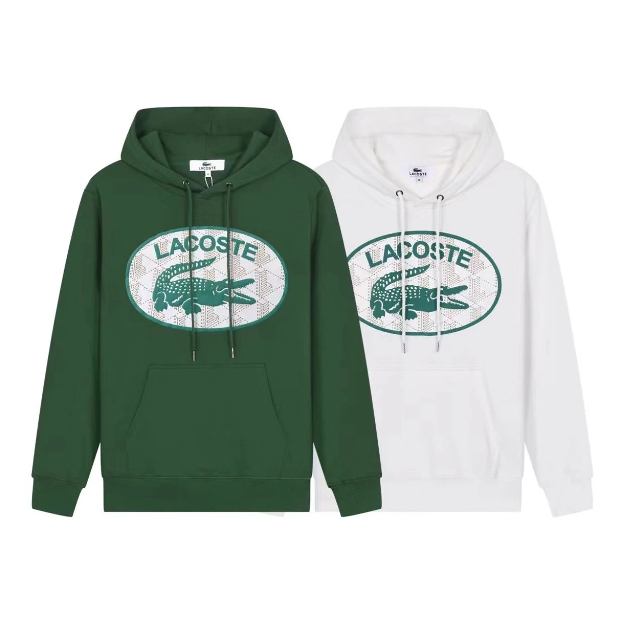 Lacoste Graphic Print Cotton Hoodie Green and White