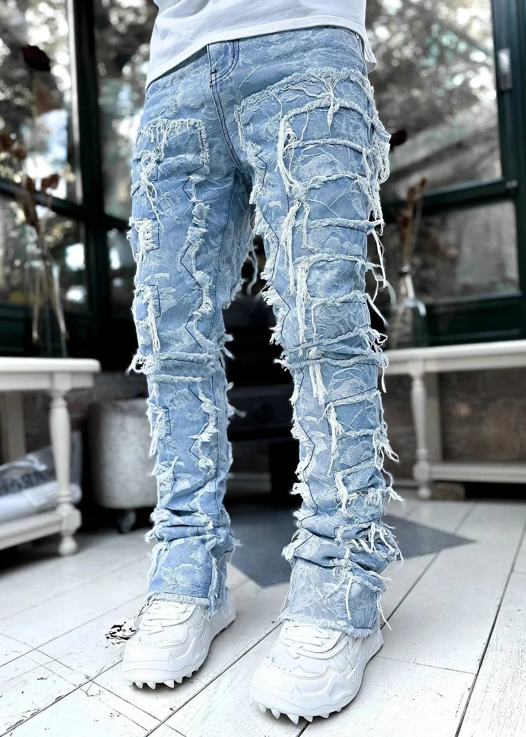 Design Distressed Floral Jacquard Stacked Jeans Light Blue
