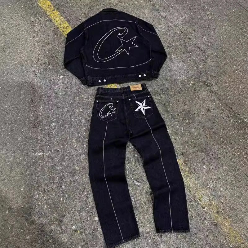 Corteiz Star Denim Matching Set Streetwear Jacket and Jeans Black