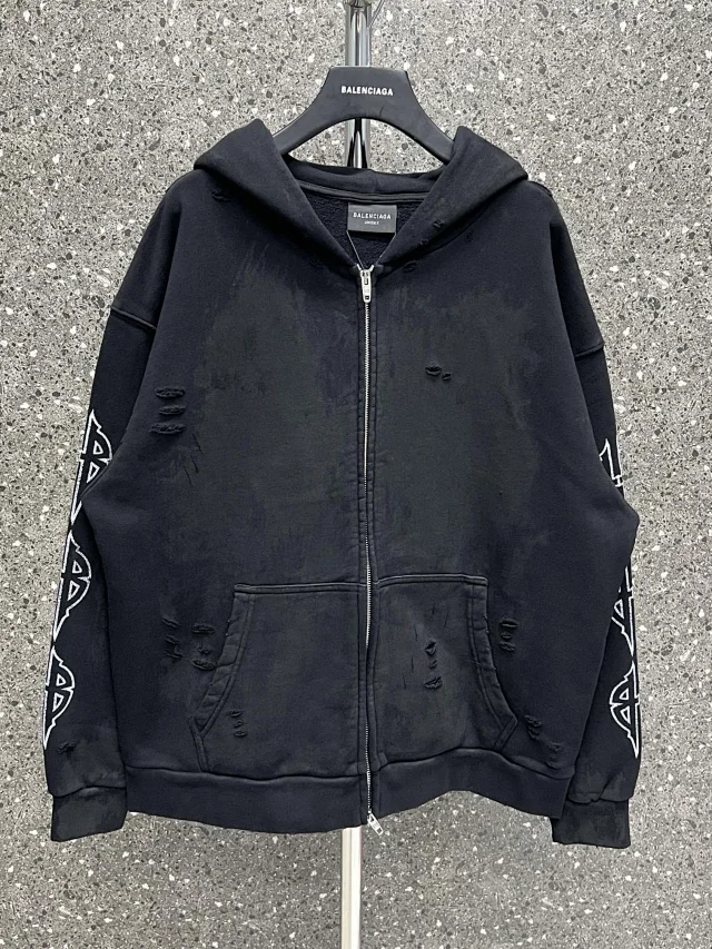 Balenciaga Distressed Zip-Up Hoodie Oversized Streetwear Sweatshirt Black
