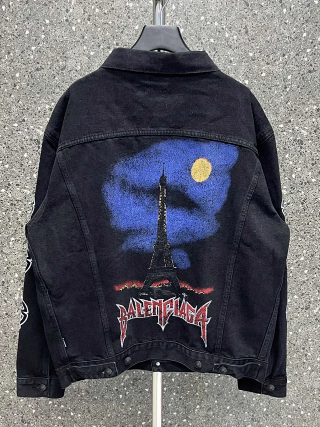 Balenciaga Eiffel Tower Graphic Oversized Denim Jacket Black