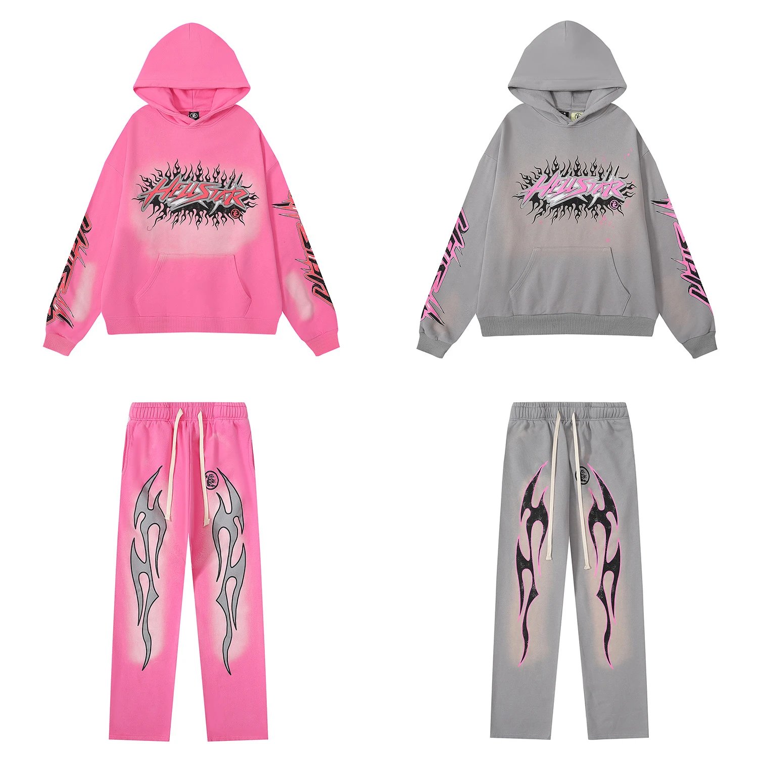 Hellstar Flame Graphic Oversized Tracksuit Set Pink and Gray