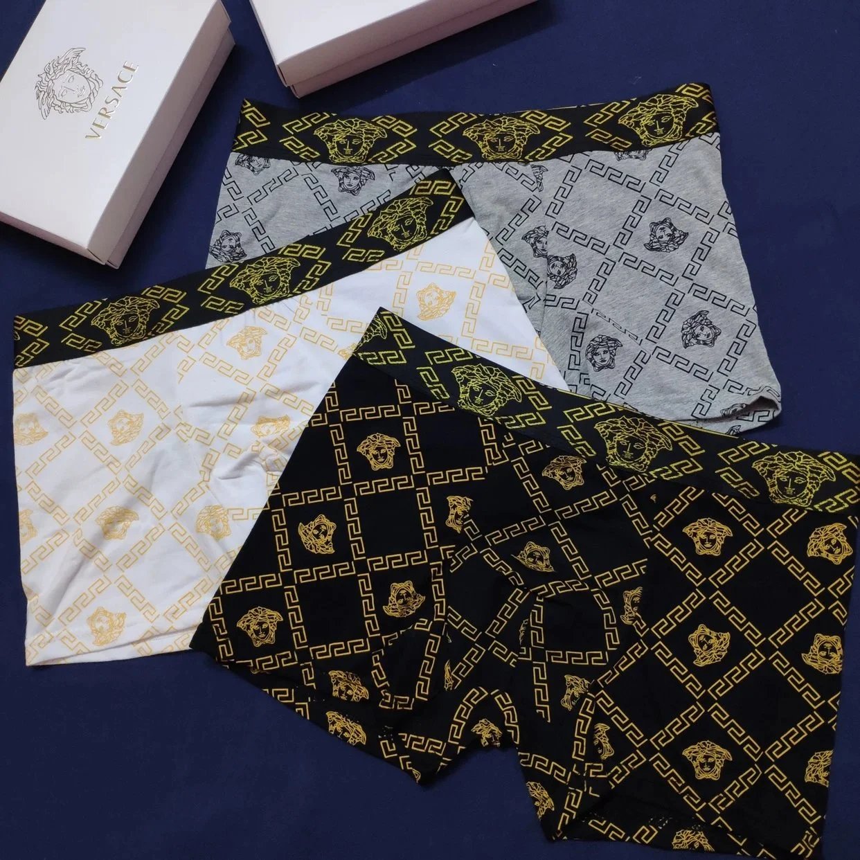 Versace Medusa Head Greek Key Cotton Boxer Briefs Multicolor