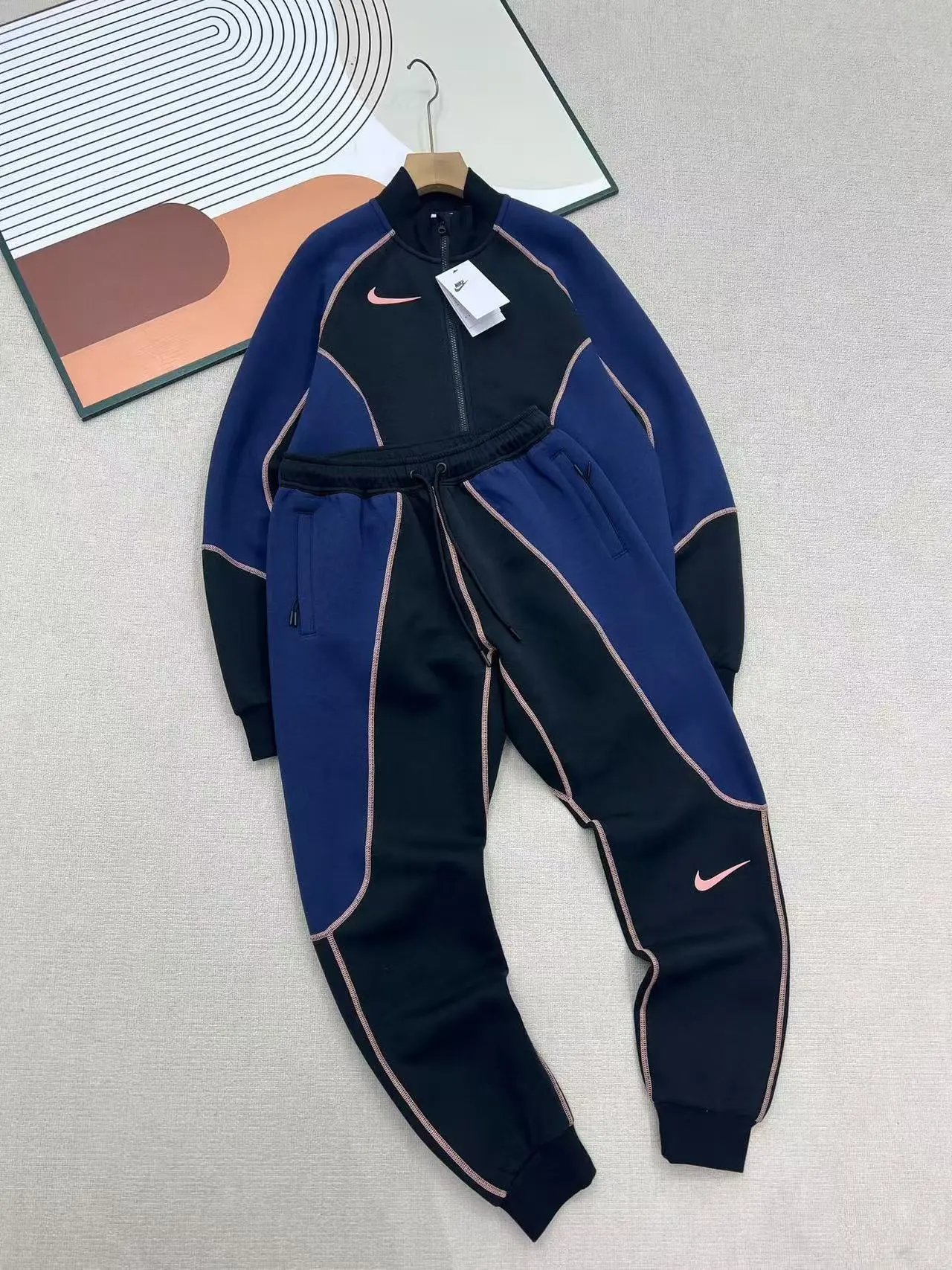 Nike Tech Fleece Contrast Stitch Tracksuit Set Black and Navy