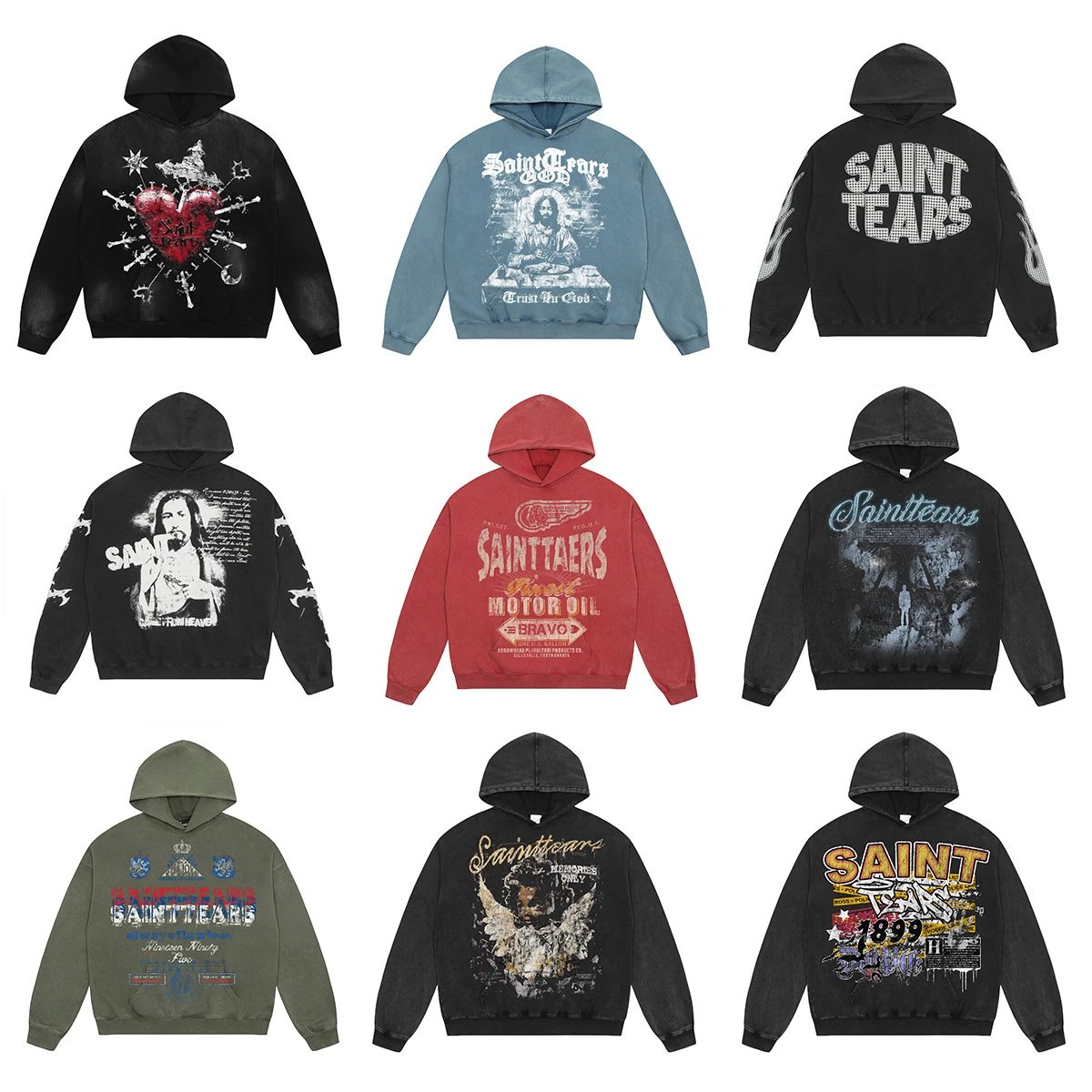 Saint Tears Graphic Print Vintage Streetwear Hoodie Multicolor