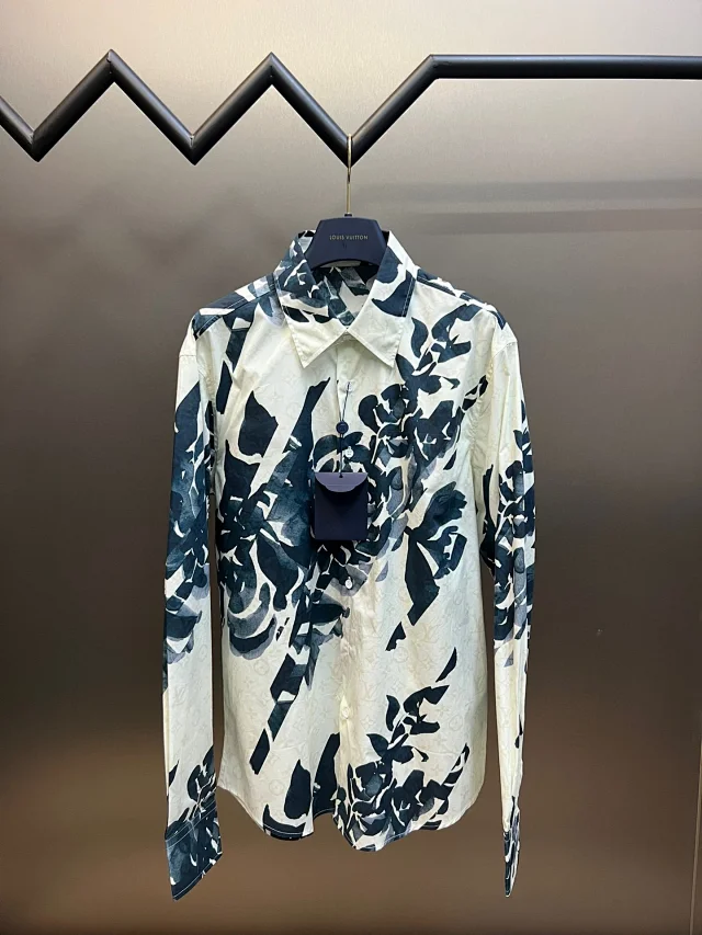 Louis Vuitton LV Monogram Floral Print Cotton Button-Down Shirt White and Navy