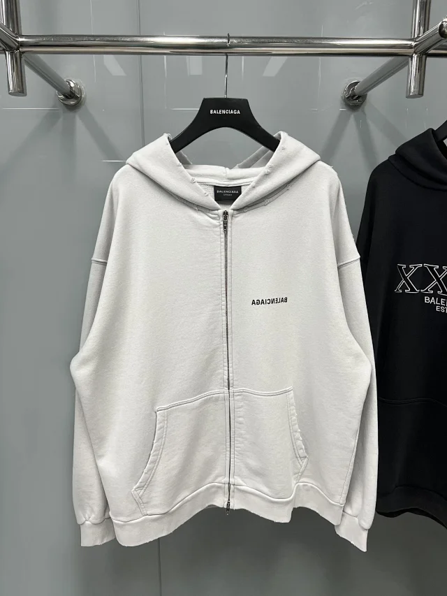 Balenciaga Distressed Zip-Up Oversized Hoodie White