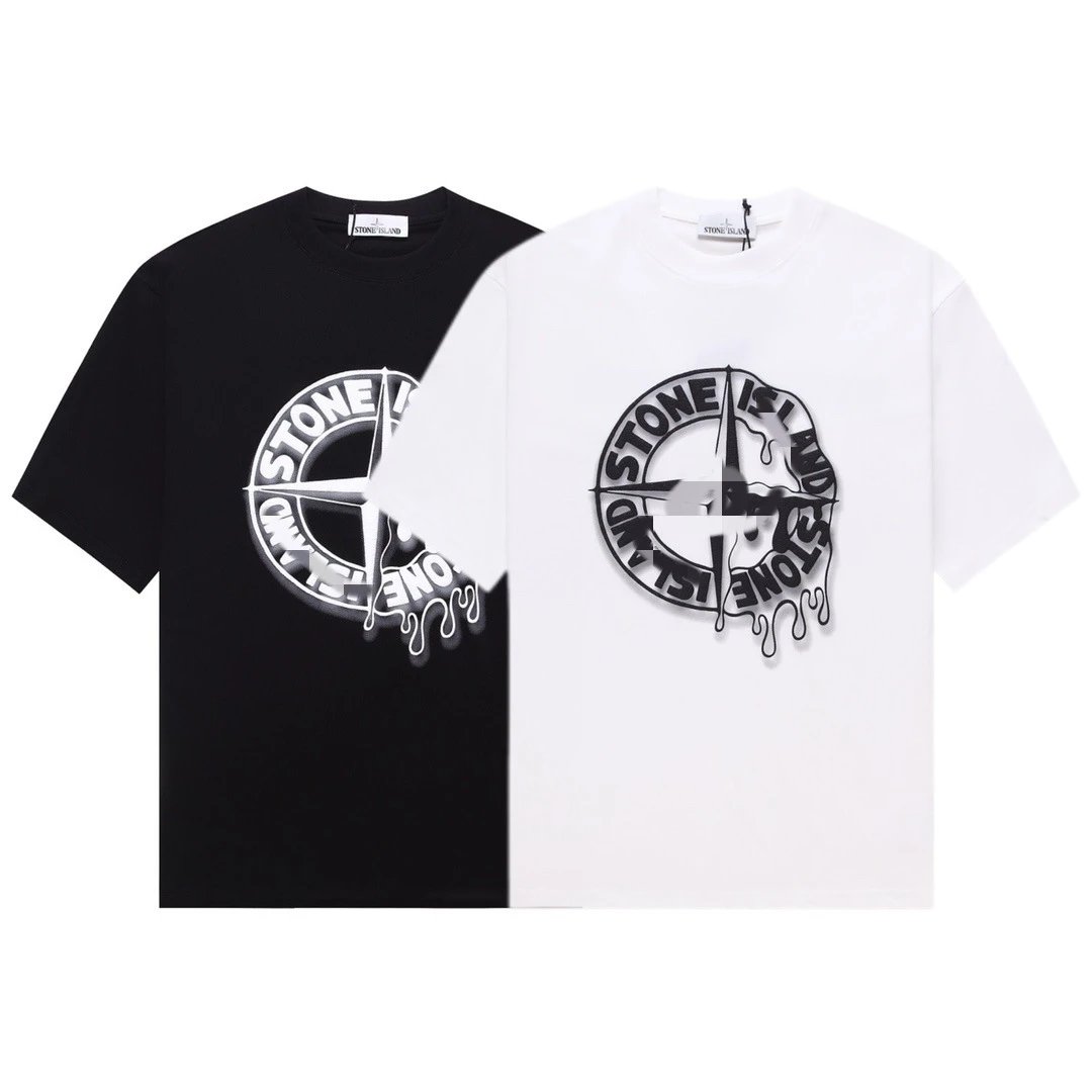 Stone Island Drip Compass Graphic Cotton T-Shirt Black and White