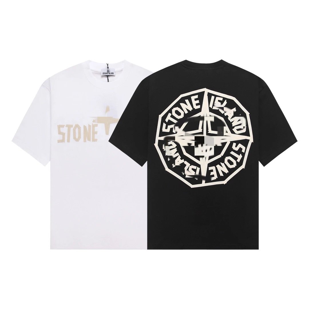 Stone Island Graphic Print Cotton T-Shirt Black and White