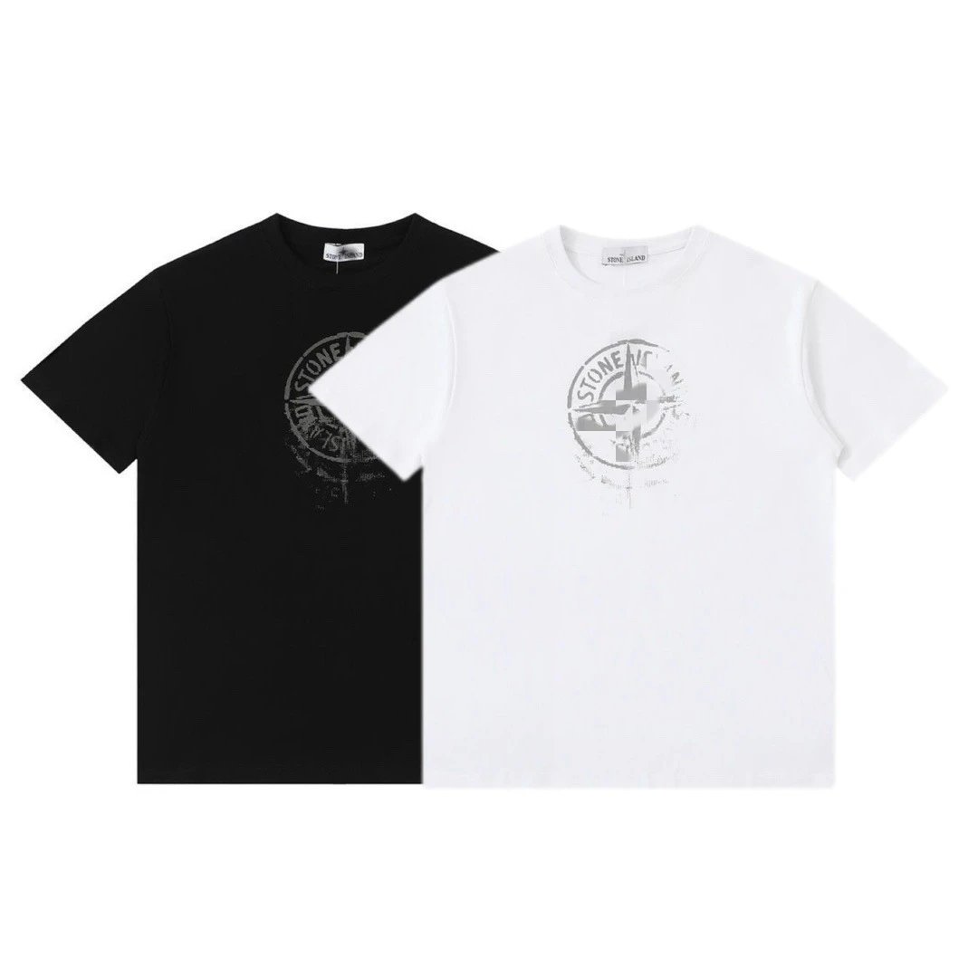 Stone Island Compass Graphic Cotton T-Shirt Black and White