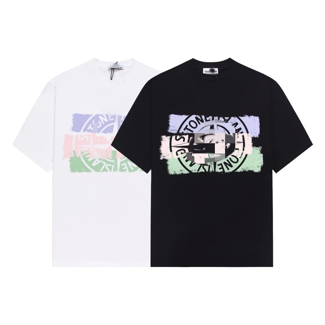 Stone Island Graphic Print Cotton T-Shirt Black and White