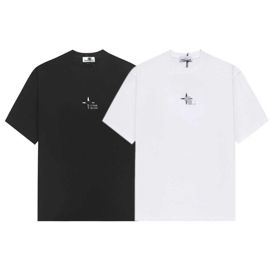 Stone Island Compass Graphic Cotton T-Shirt Black and White