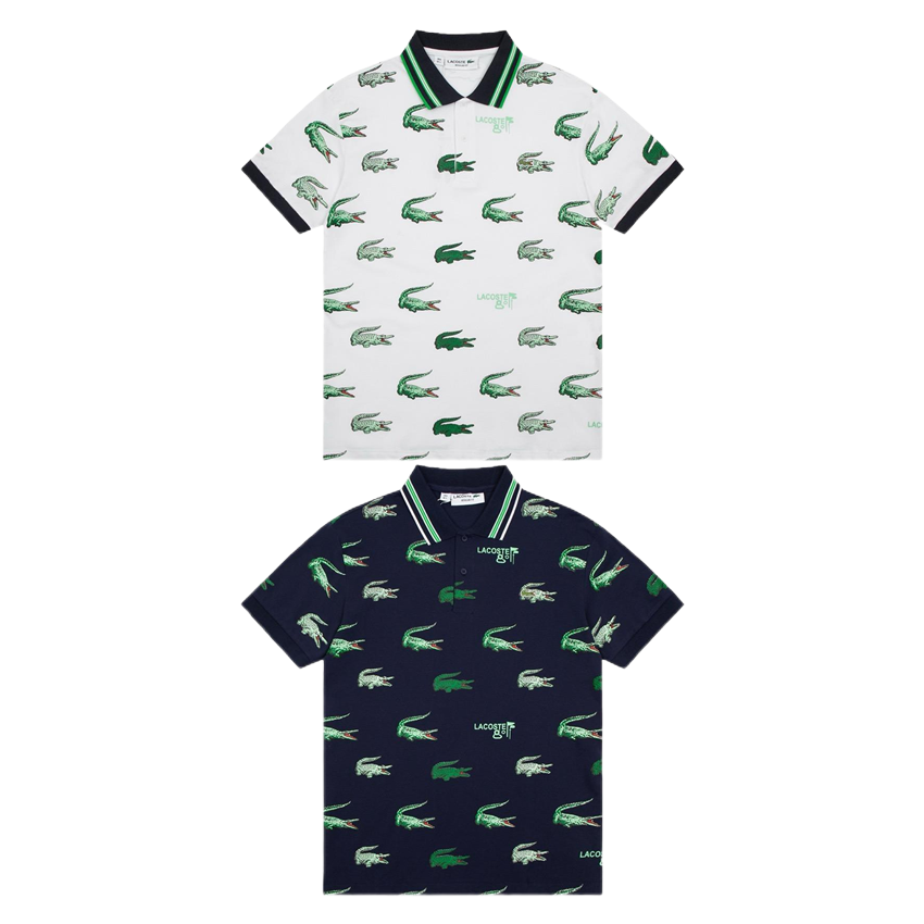 Lacoste All-Over Print Golf Cotton Polo Shirt White and Navy
