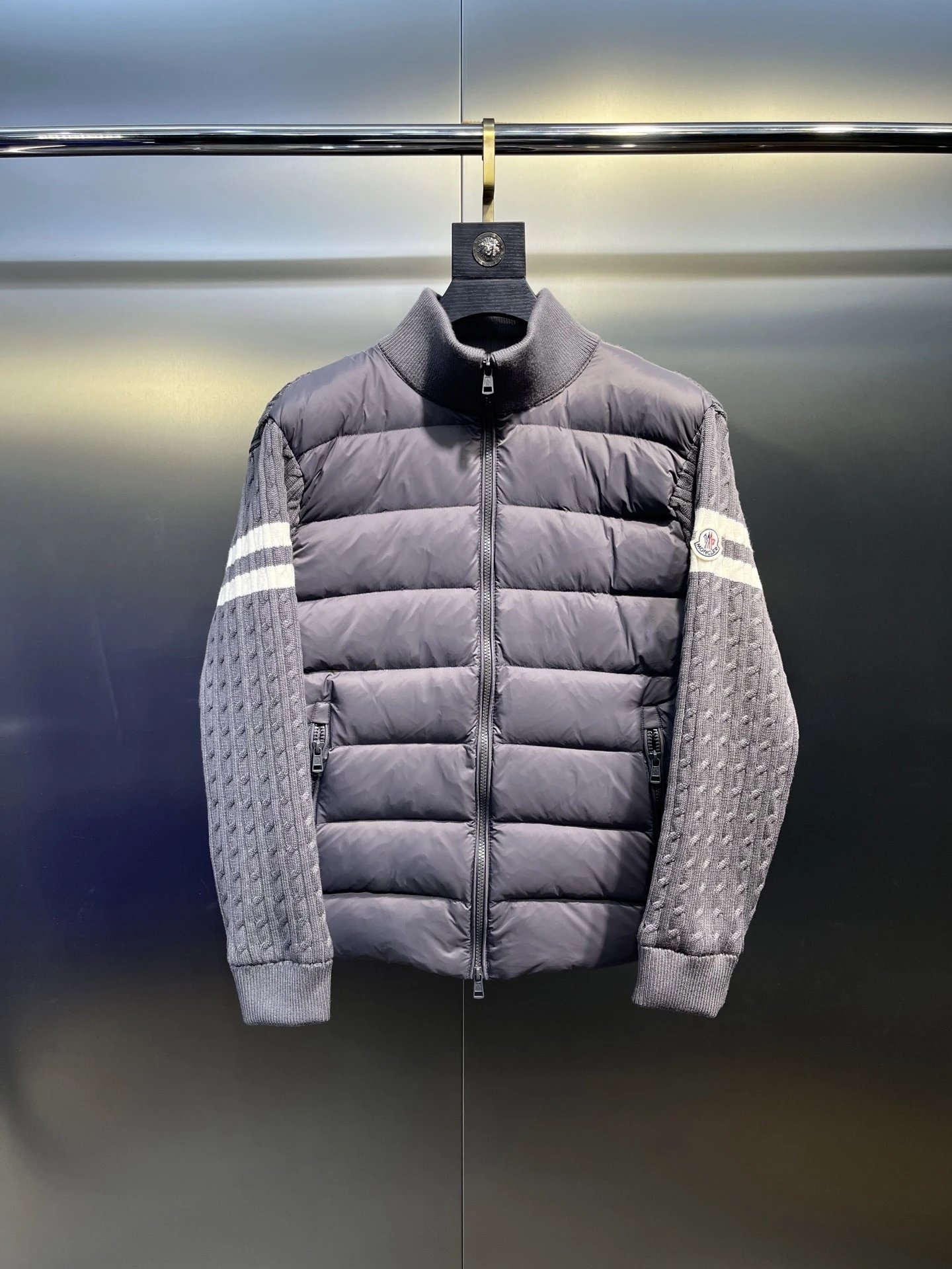 Moncler Knit Hybrid Cardigan Puffer Jacket Gray
