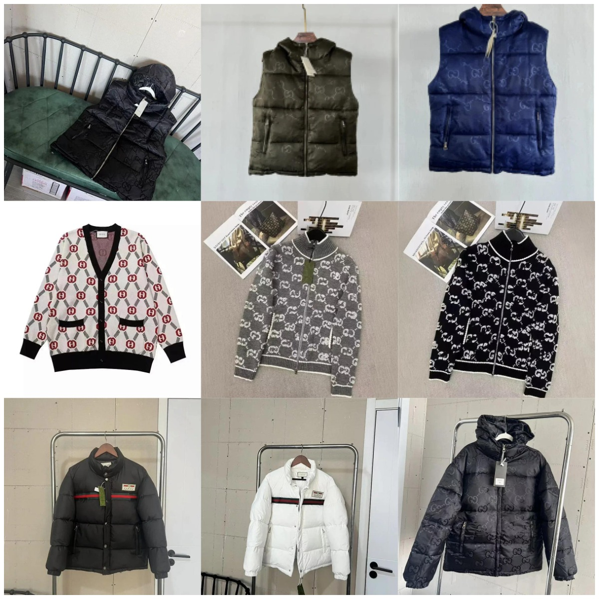 Gucci GG Monogram Puffer Jacket and Cardigan Collection Black White and Blue