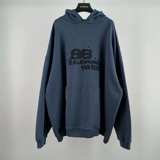 Balenciaga 88 Paris Distressed Oversized Hoodie Blue