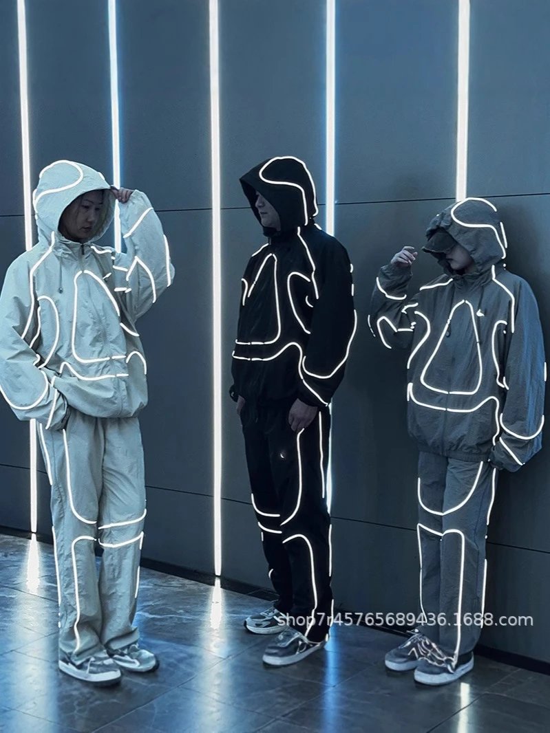 Design Reflective Piping Streetwear Tracksuit Set Multicolor