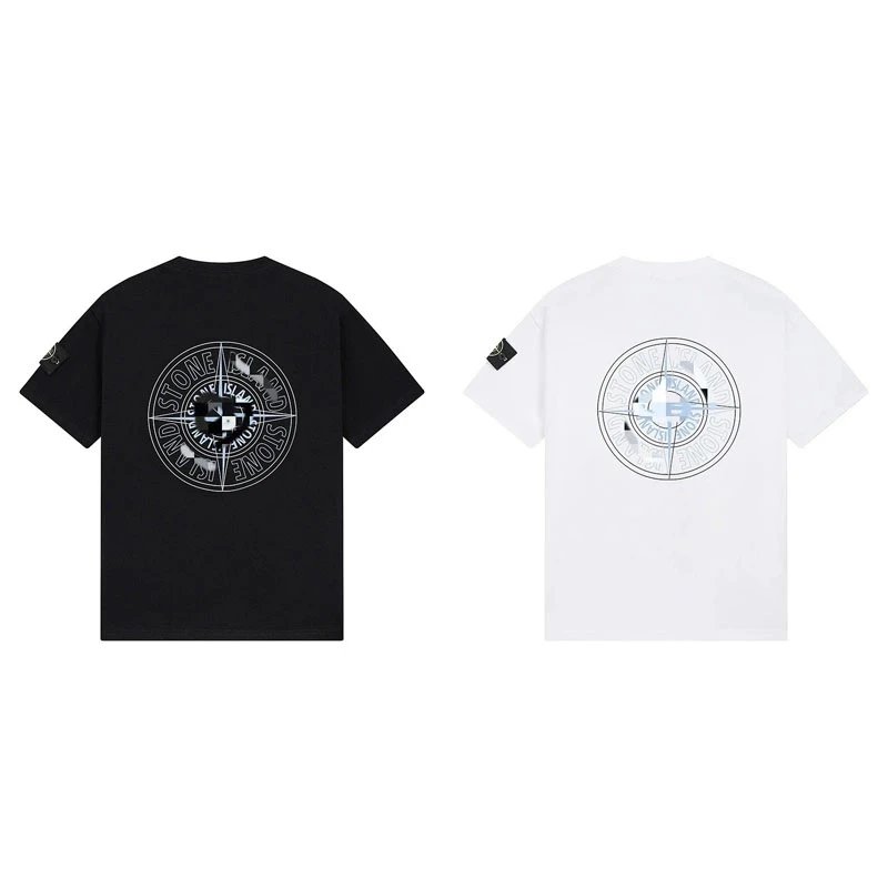 Stone Island Compass Graphic Cotton T-Shirt Black and White