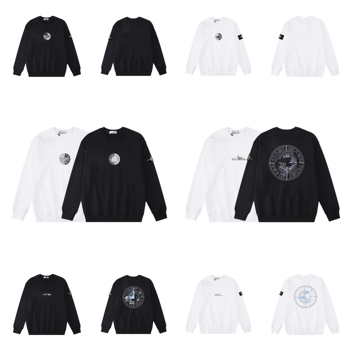 Stone Island Compass Graphic Cotton Crewneck Sweatshirt Black and White