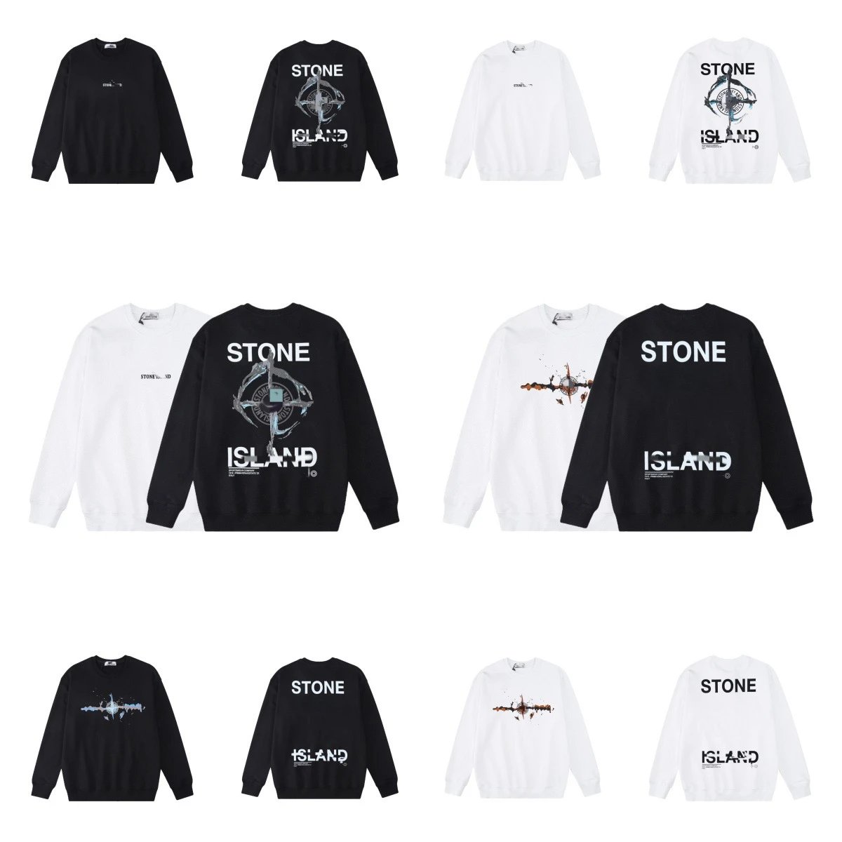 Stone Island Graphic Print Crewneck Sweatshirt Black and White