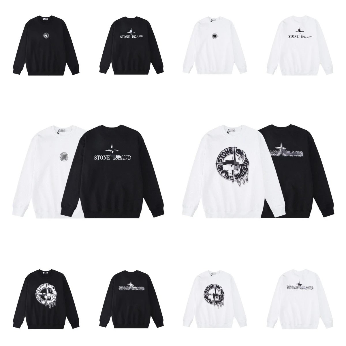 Stone Island Graphic Print Cotton Crewneck Sweatshirt Black and White