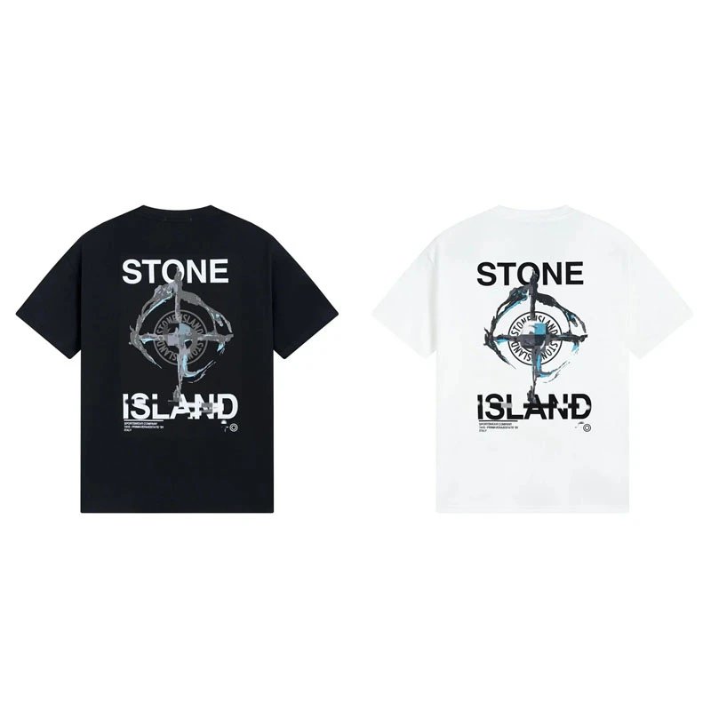 Stone Island Graphic Print Cotton T-Shirt Black and White