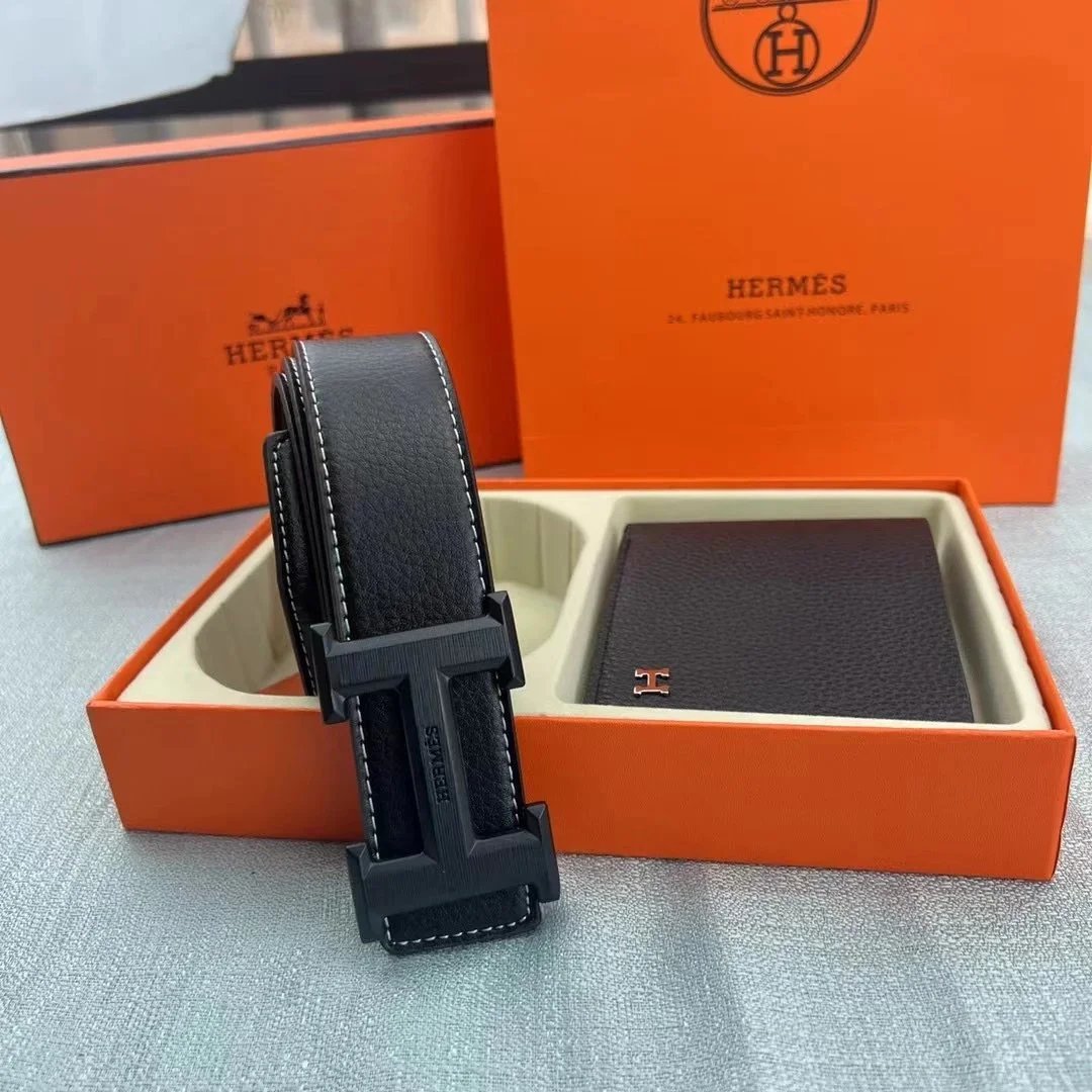 Hermes H Belt and Wallet Luxury Leather Set Black