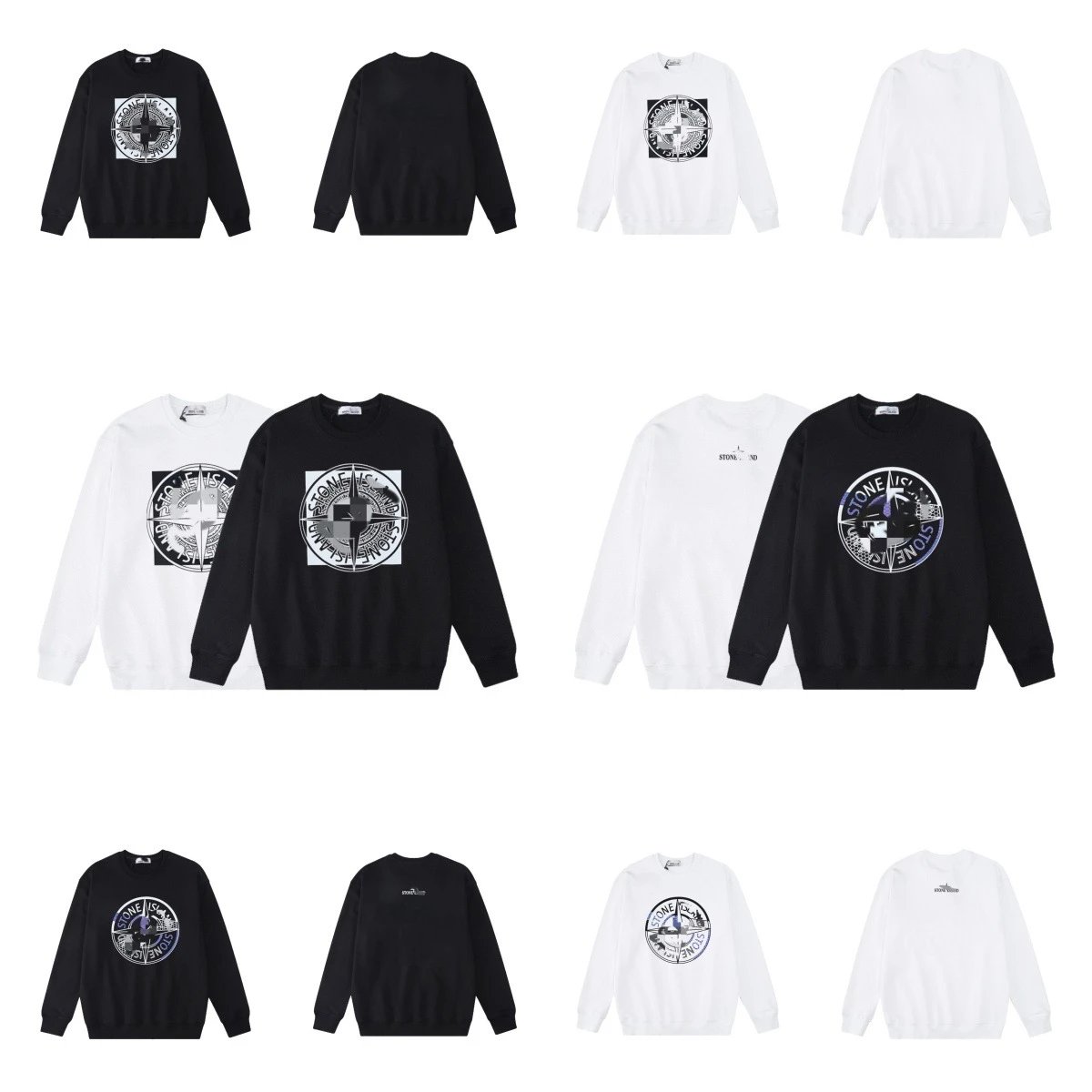 Stone Island Compass Graphic Cotton Sweatshirt Black and White