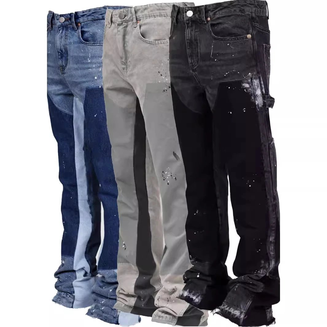Design Paint Splatter Denim Jeans Distressed Streetwear Trousers Multicolor