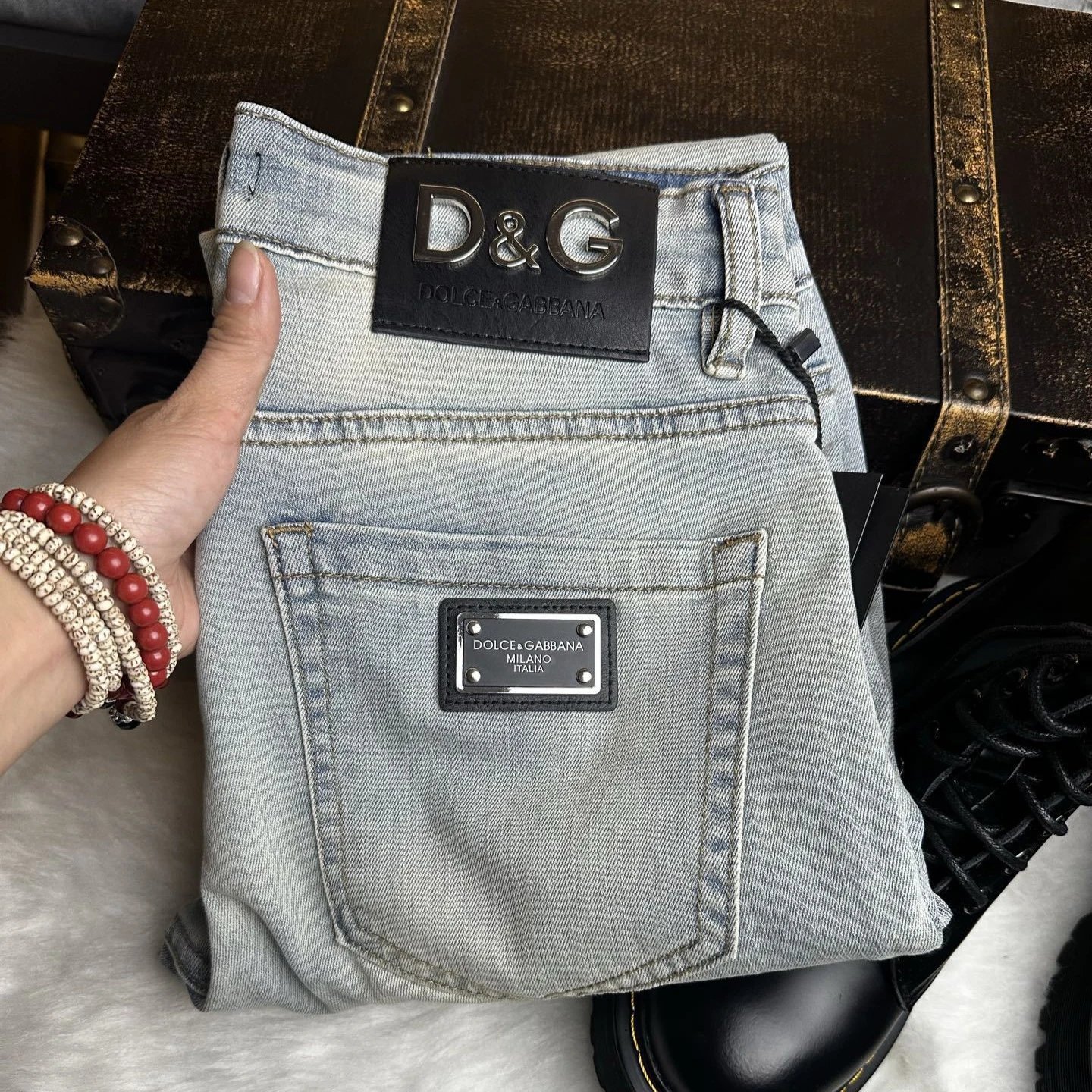Dolce & Gabbana D&G Metal Plate Slim Fit Jeans Light Blue